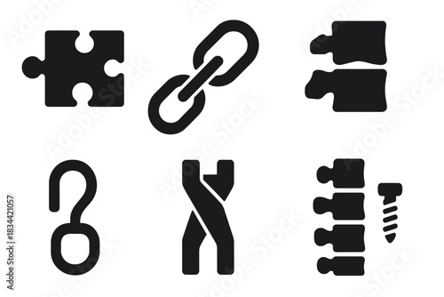 Symbolic Fastening Icons. Solid style icons of symbolic fastening points: puzzling joint, cryptic connector, mysterious ridge
