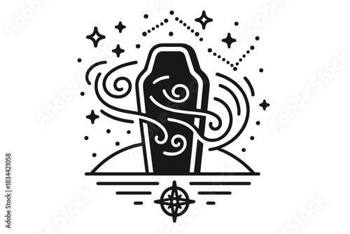 Celestial Sarcophagus Icons. Line style icons of a sandy gust interacting with a sarcophagus at the astronomical transition:
