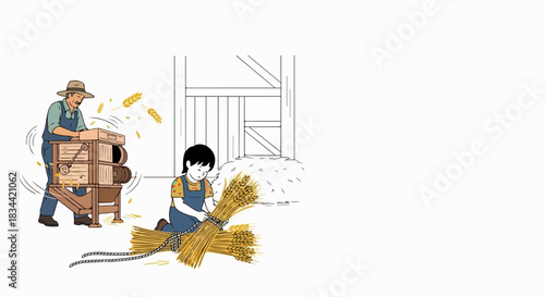 Illustration of farm work, showcasing farmers harvesting wheat in rural setting. Farm work includes binding sheaves while another threshes grain, celebrating agricultural traditions.