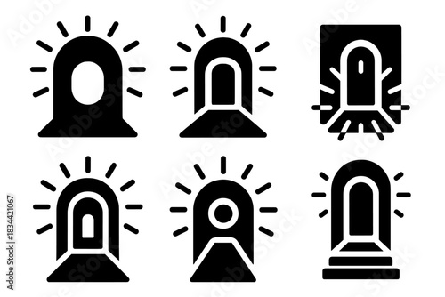 Spiritual Portal Icons. Solid style icons of spiritual openings: luminous soul portal, radiant inner entry, sacred awareness gate,