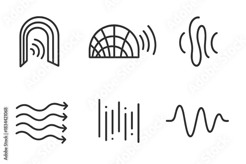Auditory Architecture Icons. Line style icons of auditory channel architecture: openwork passage transmitting sound, curved grid