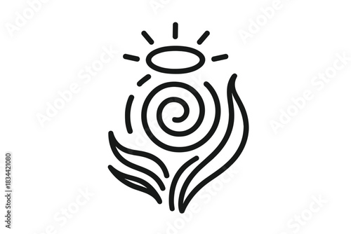 Radiant Faith Swirl. Line style icons of a frontline swirl of consecration: radiant spiral with halo center, flowing line path