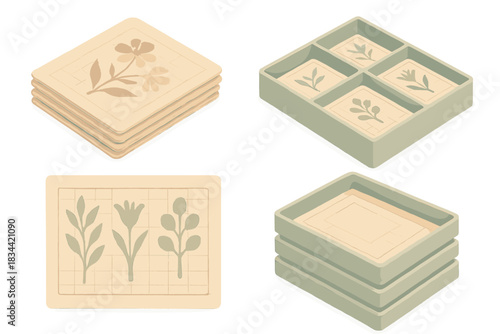 Botanical Archive Icons. Isometric vector illustration set Historical specimen archive: pressed label stacks, organized trays,