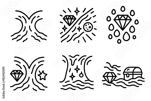 Marvels in Motion. Line style icons of a violent watershed of marvels: rushing water splitting at ridge line, radiant current