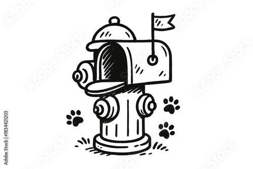 Whimsical Mailbox Hydrant. Friendly doodle hydrant-mailbox with a tiny flag and paw prints around, neighborly whimsy, No text, No