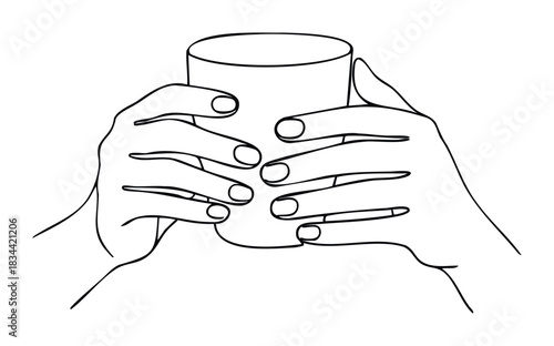 Hands gently hold a mug in this simple line drawing. This versatile graphic can be used for themes of hot drinks, relaxation, and cozy moments.
