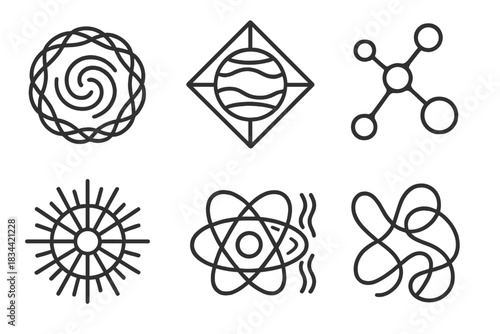 Rhythmic Woven Motifs. Line style icons of rhythmic woven nuclei: central motion surrounded by braided loops, geometric frame