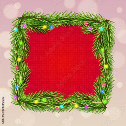 Blank Christmas border, frame with green branch of Christmas tree, fir and lighting, garland with red background. Holiday design, decor. Vector illustration