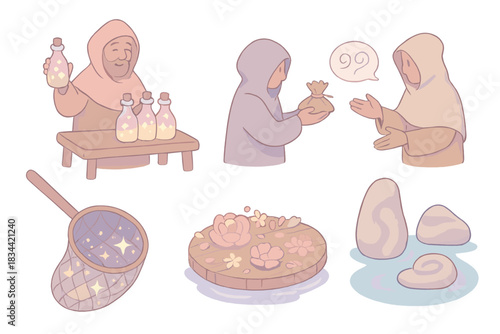 Fantasy Trade Icons. Isometric vector illustration set of fantasy trade visuals: merchant selling bottled dusk light, secret