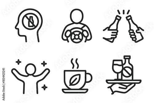 Zero-Alcohol Lifestyle Icons. Line style icons of zero-alcohol lifestyle: mindful drinking symbol, designated driver icon, social