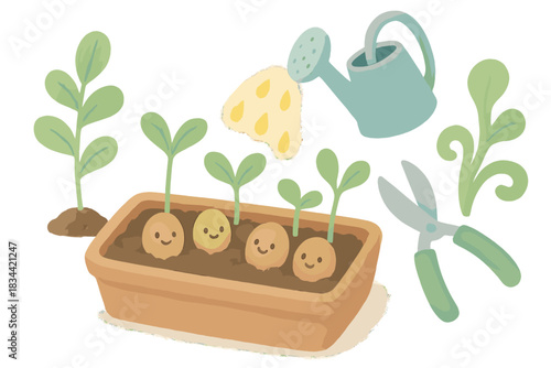 Magical Miniature Garden. A miniature garden with smiling seeds, watering can pouring glowing moments, and tiny pruning shears