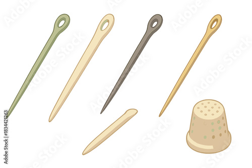 Historical Sewing Needles. Isometric vector illustration set Historical sewing needle typology: Roman bronze sewing needle with