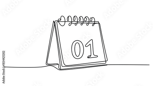 Minimalist one-line drawing of a desk calendar displaying the number 01, featuring clean continuous-line art style for modern date, schedule, and planner concepts