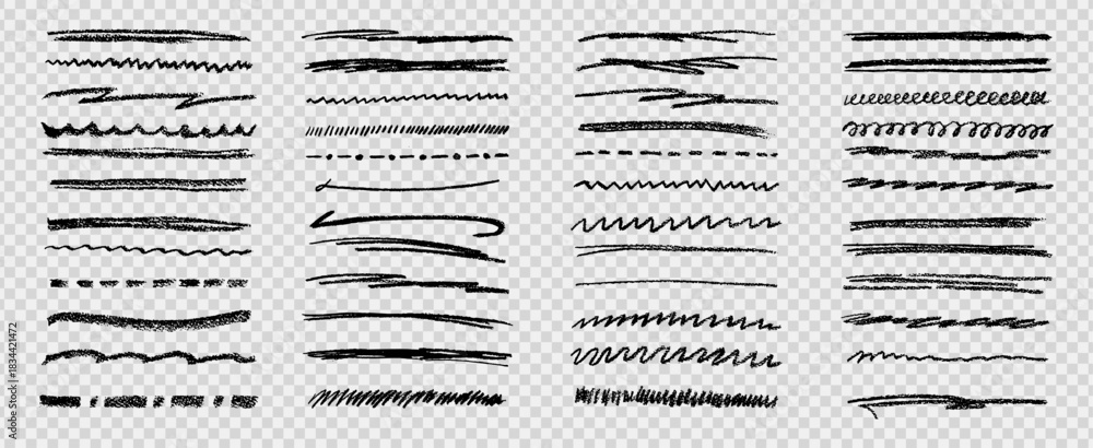Naklejka premium Crayon chalk pencil and watercolor brush underline line art on like transparent png bg displaying hand drawn doodle effect with black textured color marks ideal for blackboard themed kit bundle.