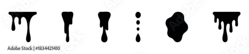 Collection of black liquid shapes, drips, and blobs for graphic design use. Abstract fluid elements for various applications.