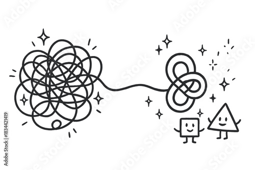 Prime Knot Evolution. A complex tangled string gradually resolving into a neat prime knot, with doodle sparkles of clarity and
