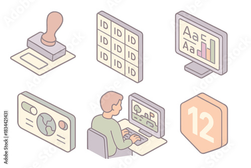 Indie Game Localization Icons. Isometric vector illustration set Indie game localization process: translation approval stamp,