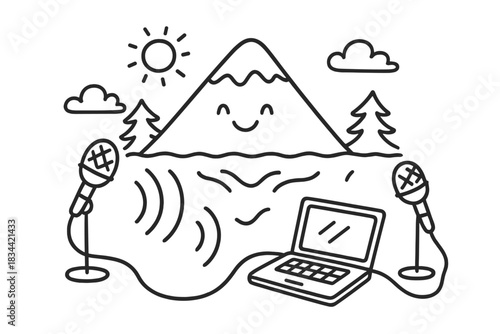Echo Test Doodle. Charming doodle vector of echo test setup with microphones, laptop, and happy mountain landscape reflecting