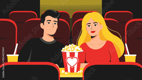 Illustration of a couple enjoying a movie date in a cinema with popcorn and soft drinks on their seats