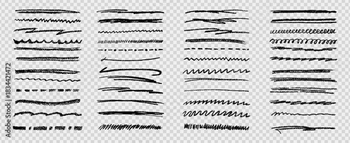 Crayon chalk pencil and watercolor brush underline line art on like transparent png bg displaying hand drawn doodle effect with black textured color marks ideal for blackboard themed kit bundle.