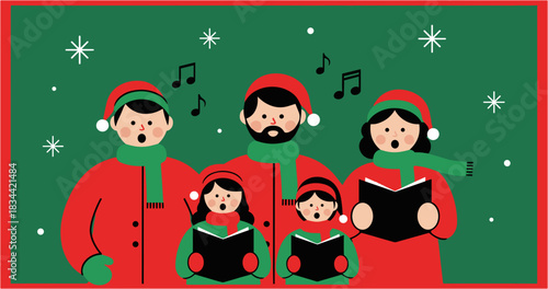 Illustration of a family singing carols together in festive clothing against a holiday-themed background
