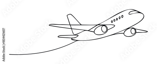 Outline of a jet airplane ascending, suggesting flight, travel, and freedom. Ideal for aviation and adventure themes.