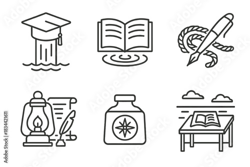Scholarly Harbor Icons. Line style icons of scholarly harbor: academic cap on wooden post, open book with water ripple, pen