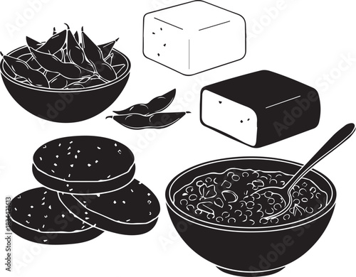 Hand drawn illustration of various food items including cheese beans and spices