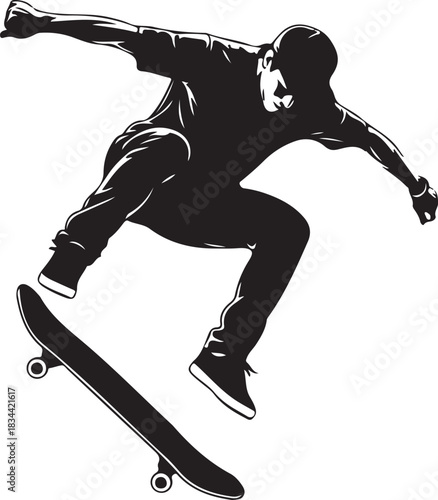 Silhouette of skateboarder performing an ollie trick in midair