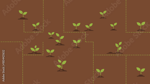Illustration of young plants sprouting from soil in a garden layout against a brown background