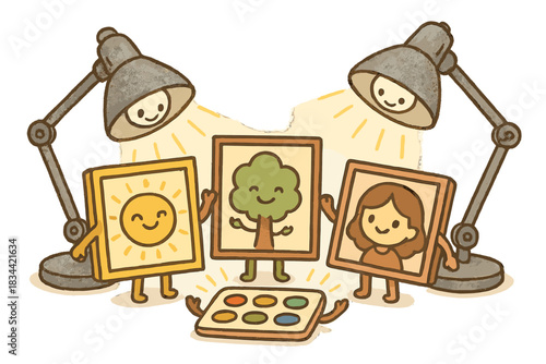 Cheerful Art Protection. Adorable doodle scene of cheerful artworks and friendly light fixtures working together to protect