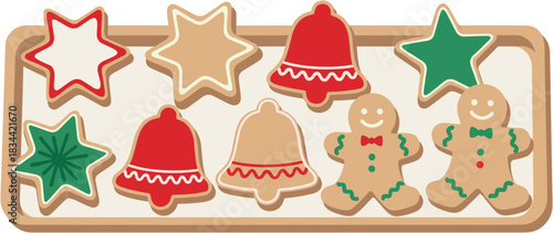 Illustration of festive gingerbread cookies in various shapes on a tray for holiday celebrations