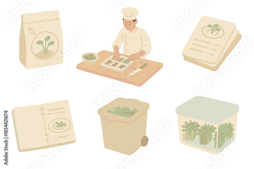 Microgreen Menu Icons. Isometric vector illustration set Microgreen restaurant menu rotation: seed packet labeled by season,