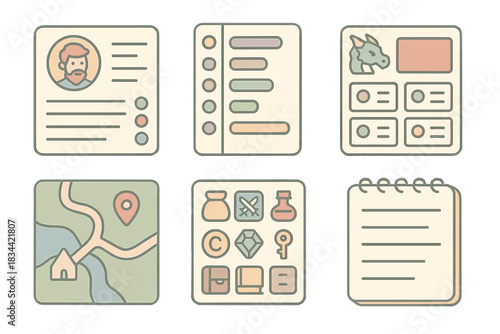 RPG Assistant Elements. Isometric vector illustration set of digital RPG assistant: NPC data window, initiative list sidebar,
