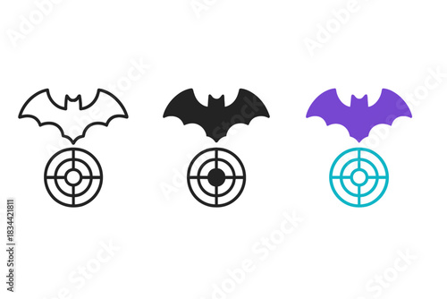 Echolocation Icon Set. three minimal vector icons of a bat-like sonar grid illustrating echolocation mapping, line outline style,