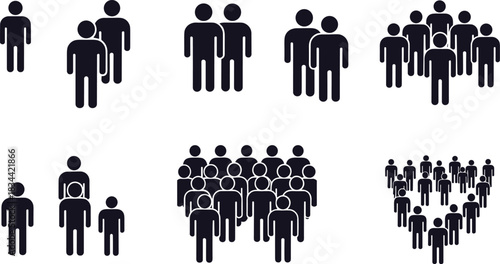 Simple human icons representing diverse group sizes and formations, isolated on white