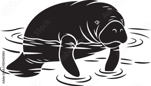 Stylized Manatee Illustration Swimming in Water Black and White Design