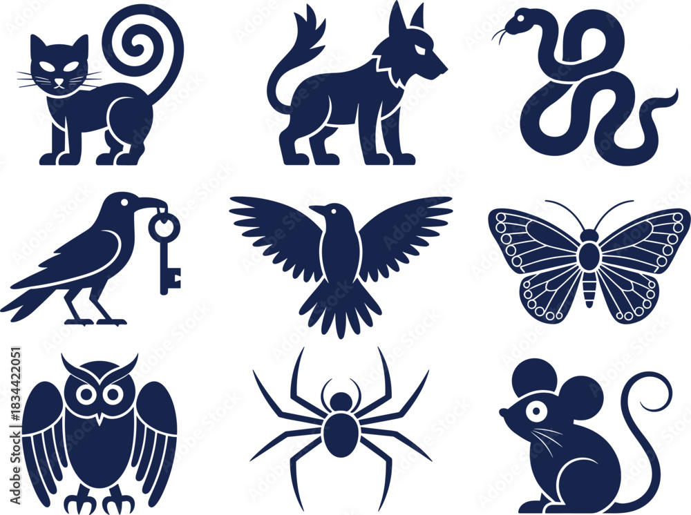 Naklejka premium Collection of nine distinct animal icons in deep blue silhouette, isolated on a clean white background.