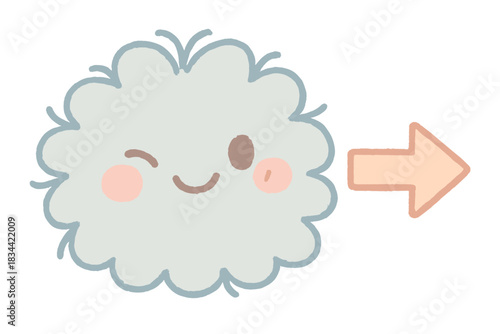 Winking Dust Bunny. A friendly dust bunny with a winking face and an "exit" arrow, cozy pastel doodle colors, No text, No labels,