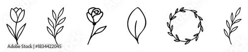 Collection of delicate handdrawn botanical icons like tulips, roses, and leafy branches, suitable for graphic accents and naturethemed compositions.