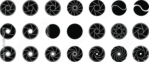 Camera Lens Aperture Iris Icons: Shutter Blade Variations Vector Graphics Pack, Photographic Equipment Mechanism, Technology Symbol Collection, Creative Circular Patterns