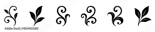 A collection of ornamental black swirls with leaves, perfect for adding a touch of vintage elegance to invitations, stationery, or website accents.