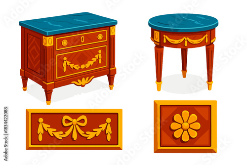 Antique Furniture Icons. Isometric vector illustration set Antique furniture – French Louis XVI commode, marble top, fluted