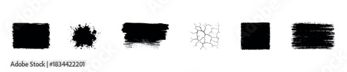 Diverse set of grunge brush marks, ink splatters, and textured rectangles conveying a rugged aesthetic suitable for various design projects.