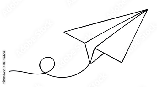 A minimalist line drawing of a paper airplane with a looping trail signifies movement and ideas. Ideal for conveying concepts of sending messages or embarking on journeys.