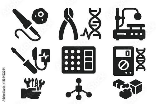 Prototyping Bio-Tools Icons. Solid style icons of prototyping bio-tools: soldering iron with cell icon, wire clipper next to DNA,