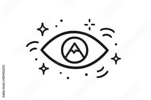 Eye with Mountain. A viewpoint symbol represented as an eye with a tiny mountain peak inside, surrounded by doodle sparkles and