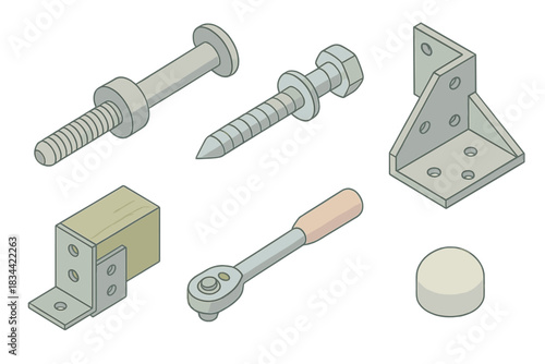 Treehouse Construction Hardware. Isometric vector illustration set Professional treehouse building hardware: heavy-duty treehouse