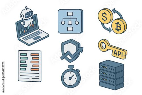 AI Trading Tools. Isometric vector illustration set Robotics and AI – AI-driven trading bot: algorithm icon, candlestick chart,