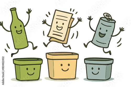 Cheerful Recyclables Dance. Fun doodle illustration of cheerful recyclables — bottles, papers, and cans — dancing into their
